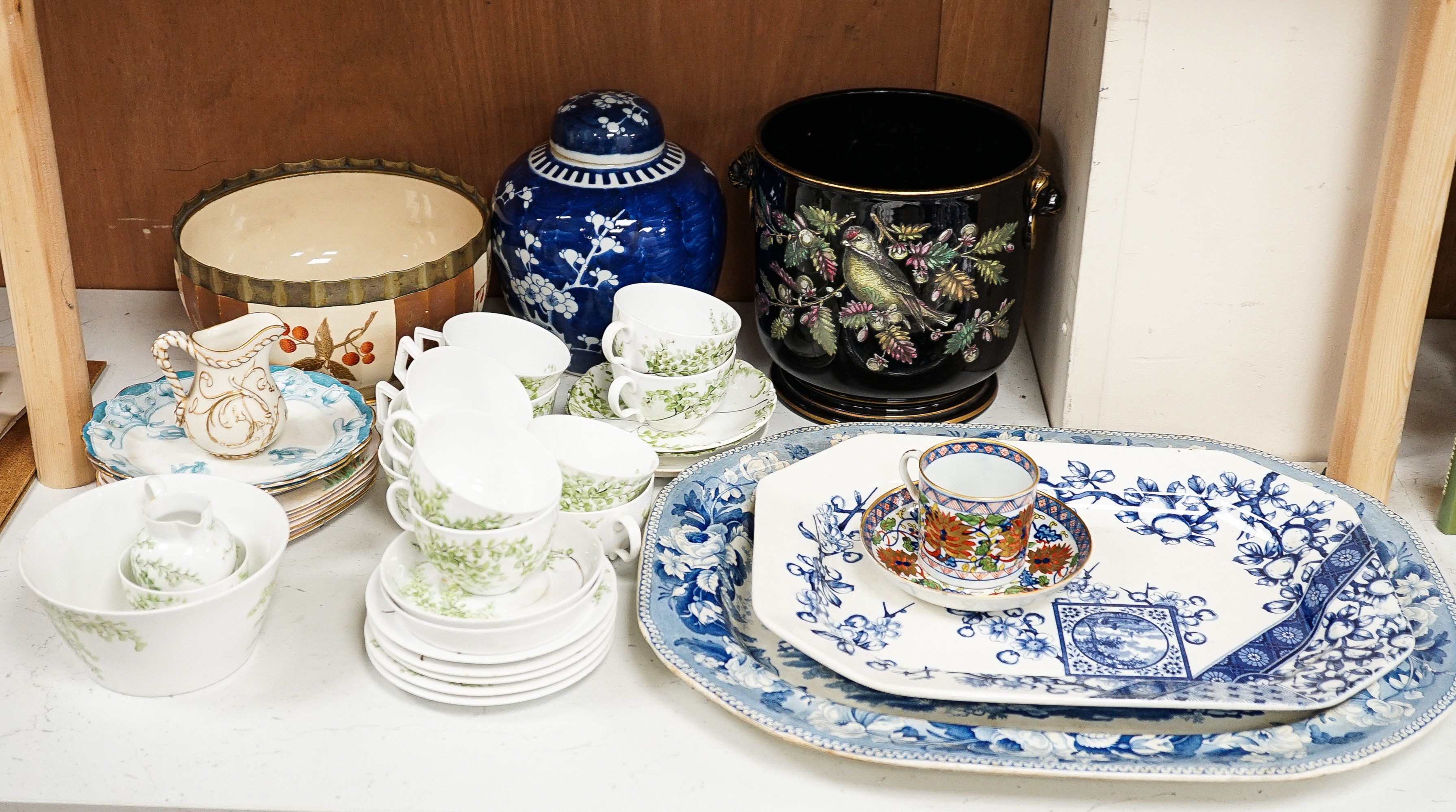 A 19th century enamel pottery jardiniere, Chinese jar and cover, a Copelands hand painted tea set, 2 blue and white meat platters, a Imari style cup and saucer etc. Jardiniere 19 cms, high.
